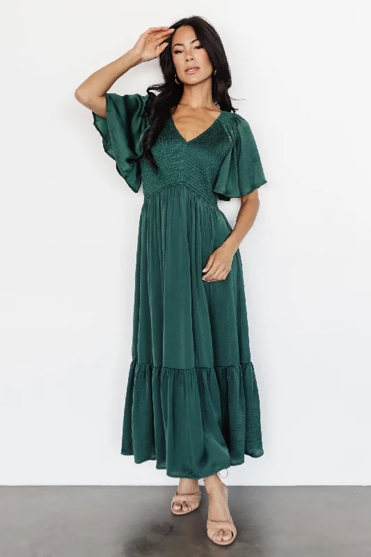 Lovell Smocked Midi Dress | Emerald Stylish Satin Midi Dress