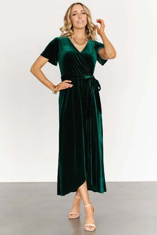 Nadine Velvet Midi Dress | Green Trendy Off-Shoulder Button Midi Dress