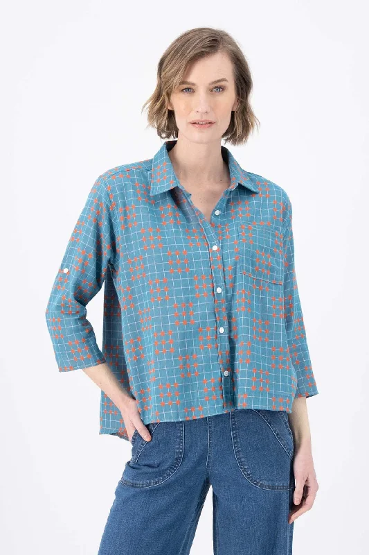 Network Shirt Blue in Woven Cotton Classic Short Sleeve Tunic