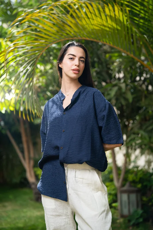 Oversized Short Sleeve Linen Shirt - Navy Comfortable Pocket Short Shirt