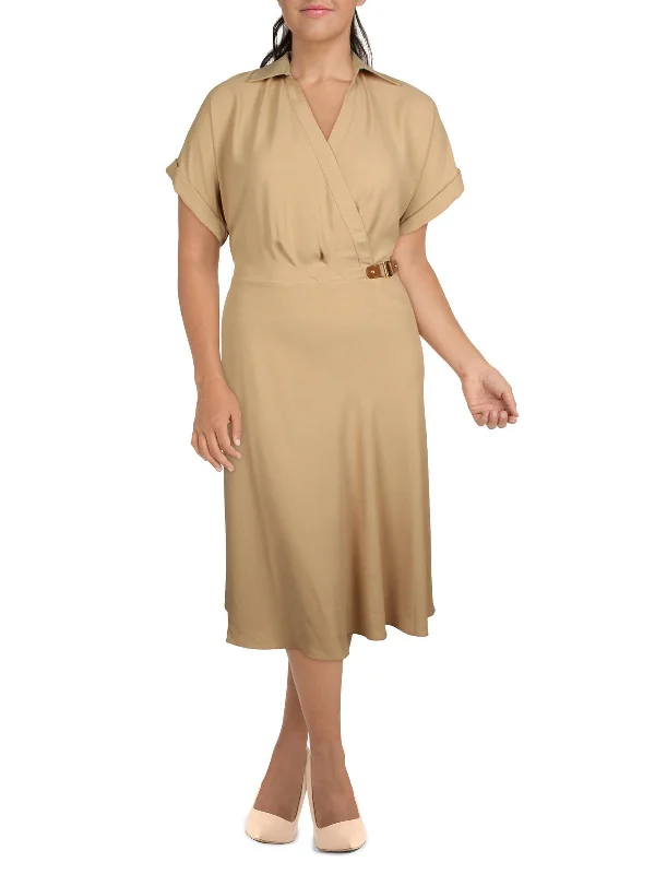 Plus Womens Surplice Tea Midi Dress Stylish Long Sleeve Floral Midi Dress