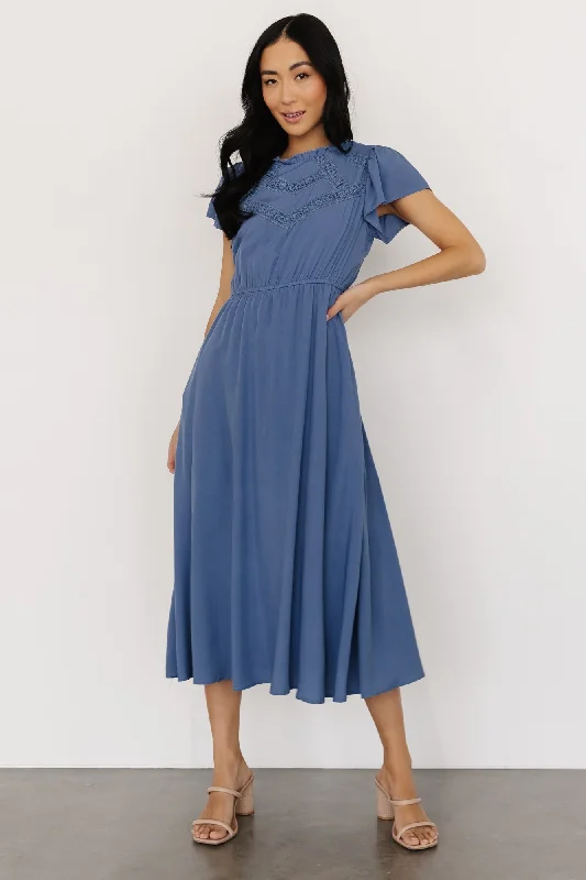 Prestyn Midi Dress | Blue Elegant Satin Button Midi Dress