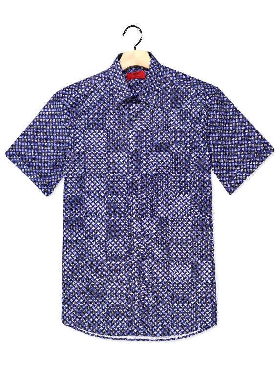 R.F. Scott - Fields Shirt  - Blue Square/Geo Casual Ruffle Short Shirt