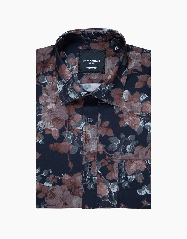 Rembrandt - Sinatra Shirt - Black/Pink Rose Print Soft Silk Short Sleeve