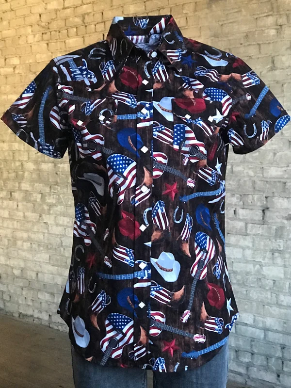 Rockmount Womens Multi-Color 100% Cotton American Flag Western S/S Shirt Comfortable Short Sleeve Blouse Rockmount Womens Multi-Color 100% Cotton American Flag Western S/S Shirt Comfortable Short Sleeve Blouse