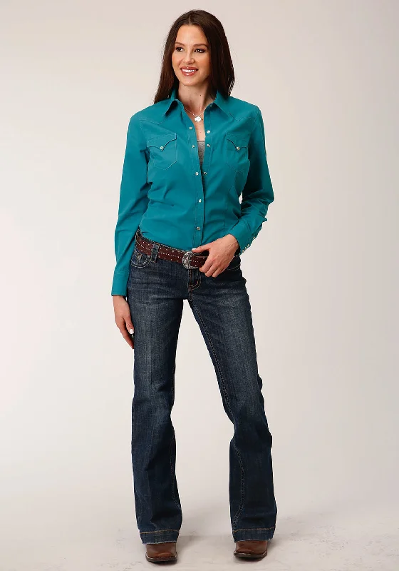 Roper Womens 1729 Solid Poplin Deep Teal 100% Cotton L/S Shirt Fashionable Button-Front Short Sleeve