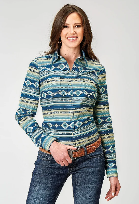 Roper Womens 1899 Aztec Blanket Blue 100% Cotton L/S Shirt Comfortable Peplum Short Shirt Roper Womens 1899 Aztec Blanket Blue 100% Cotton L/S Shirt Comfortable Peplum Short Shirt