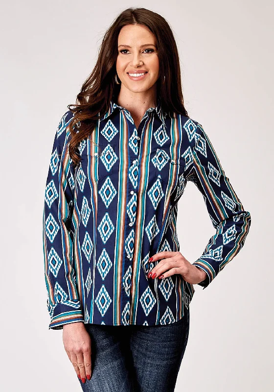 Roper Womens 1908 Serape Stripe Blue 100% Cotton L/S Shirt Trendy Short Sleeve Blouse Roper Womens 1908 Serape Stripe Blue 100% Cotton L/S Shirt Trendy Short Sleeve Blouse