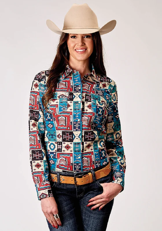 Roper Womens 1909 Vintage Patchwork Multi-Color 100% Cotton L/S Shirt Casual Slouchy Short Sleeve