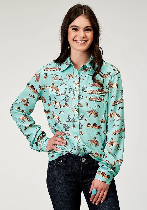 Roper Womens 1989 Desert Toile Blue 100% Rayon L/S Shirt Relaxed Cotton Short Blouse Roper Womens 1989 Desert Toile Blue 100% Rayon L/S Shirt Relaxed Cotton Short Blouse