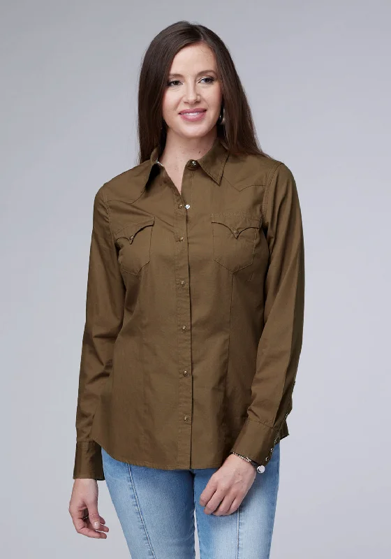 Roper Womens 2044 Solid Poplin Cocoa 100% Cotton L/S Shirt Casual Button-Down Short Shirt Roper Womens 2044 Solid Poplin Cocoa 100% Cotton L/S Shirt Casual Button-Down Short Shirt