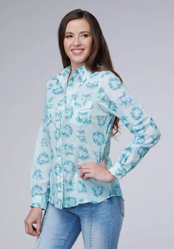 Roper Womens 2066 Floral Print Blue Cotton Blend L/S Shirt Fashionable Short Sleeve Shirt Roper Womens 2066 Floral Print Blue Cotton Blend L/S Shirt Fashionable Short Sleeve Shirt
