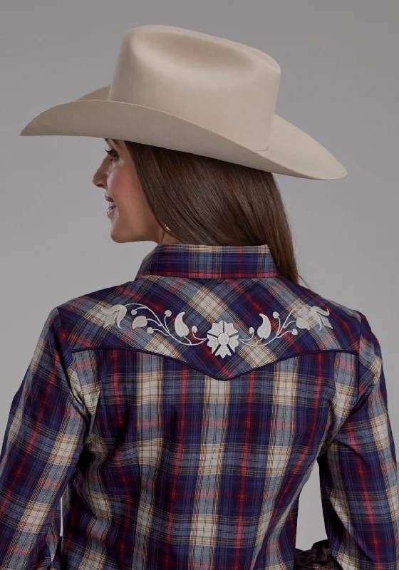 Roper Womens 2103 Plaid Floral Navy/Red Cotton Blend L/S Shirt Relaxed Cotton Short Blouse Roper Womens 2103 Plaid Floral Navy/Red Cotton Blend L/S Shirt Relaxed Cotton Short Blouse