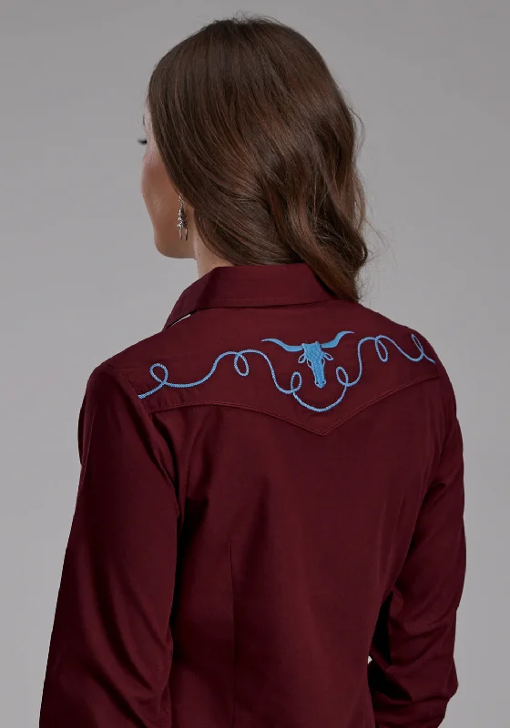 Roper Womens 2124 Broadcloth Longhorn Wine Cotton Blend L/S Shirt Trendy Short Sleeve Blouse Roper Womens 2124 Broadcloth Longhorn Wine Cotton Blend L/S Shirt Trendy Short Sleeve Blouse
