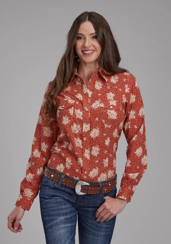 Roper Womens 2282 Floral Orange/Cream Cotton Blend L/S Shirt Stylish Printed Short Shirt Roper Womens 2282 Floral Orange/Cream Cotton Blend L/S Shirt Stylish Printed Short Shirt