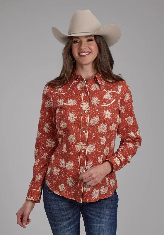 Roper Womens 2282 Floral Orange/Cream Cotton Blend Retro L/S Shirt Elegant Draped Short Sleeve Roper Womens 2282 Floral Orange/Cream Cotton Blend Retro L/S Shirt Elegant Draped Short Sleeve