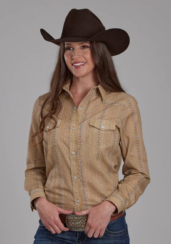 Roper Womens 2283 Wallpaper Tan/Navy Cotton Blend L/S Shirt Casual Ruffle Short Shirt Roper Womens 2283 Wallpaper Tan/Navy Cotton Blend L/S Shirt Casual Ruffle Short Shirt