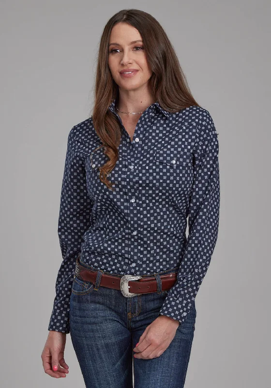 Roper Womens 2284 Squares Navy/White Cotton Blend L/S Shirt Classic Cropped Short Sleeve Roper Womens 2284 Squares Navy/White Cotton Blend L/S Shirt Classic Cropped Short Sleeve