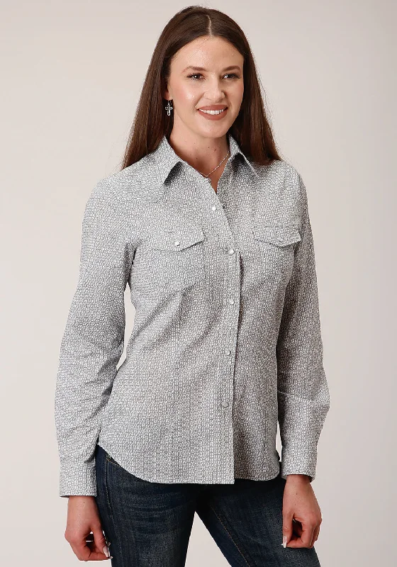 Roper Womens 828 Print Grey/White Cotton Blend L/S Shirt Trendy Short Sleeve Tunic