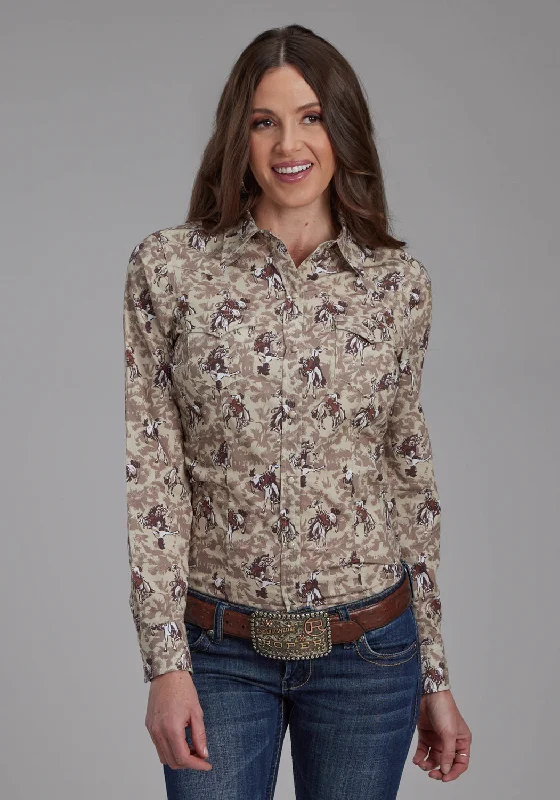 Roper Womens Brushstroke Cowboys Brown 100% Cotton L/S Shirt Modern Casual Short Sleeve Roper Womens Brushstroke Cowboys Brown 100% Cotton L/S Shirt Modern Casual Short Sleeve