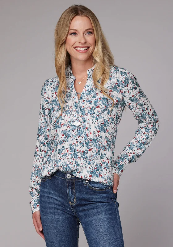 Roper Womens Ditzy Floral White/Blue 100% Rayon L/S Shirt Elegant High-Low Short Shirt Roper Womens Ditzy Floral White/Blue 100% Rayon L/S Shirt Elegant High-Low Short Shirt