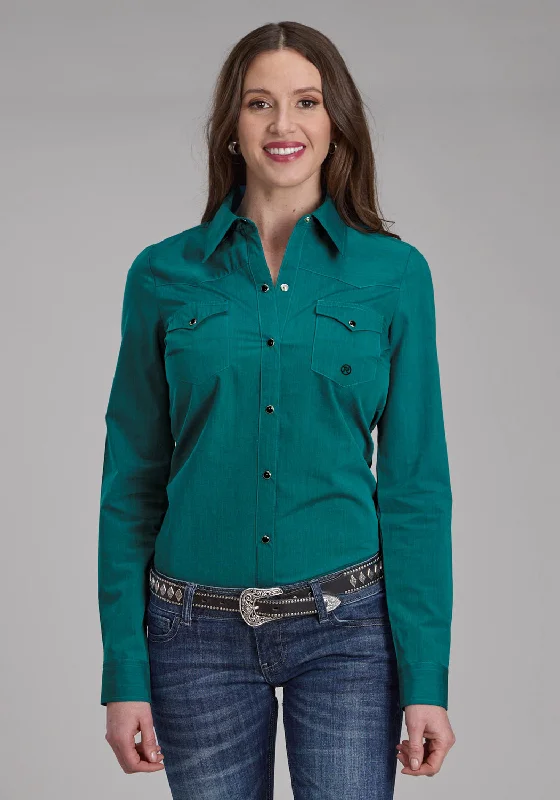 Roper Womens Fill Solid Poplin Teal 100% Cotton L/S Shirt Chic Button-Up Short Shirt Roper Womens Fill Solid Poplin Teal 100% Cotton L/S Shirt Chic Button-Up Short Shirt