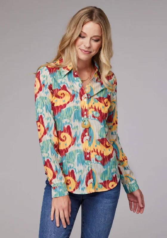 Roper Womens Ikat Paisley Print Multi-Color 100% Polyester L/S Shirt Elegant Draped Short Sleeve Roper Womens Ikat Paisley Print Multi-Color 100% Polyester L/S Shirt Elegant Draped Short Sleeve
