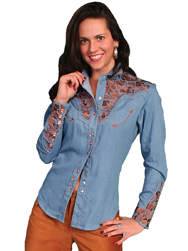 Scully Western Womens Blue Polyester L/S Floral Stitch Western Shirt S Relaxed Fit Short Blouse Scully Western Womens Blue Polyester L/S Floral Stitch Western Shirt S Relaxed Fit Short Blouse
