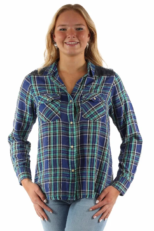 Scully Womens Airy Plaid Yokes Blue Rayon Blend L/S Shirt Elegant Longline Short Shirt Scully Womens Airy Plaid Yokes Blue Rayon Blend L/S Shirt Elegant Longline Short Shirt