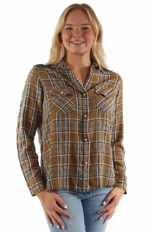 Scully Womens Airy Plaid Yokes Brown Rayon Blend L/S Shirt Trendy Ruffled Short Sleeve Scully Womens Airy Plaid Yokes Brown Rayon Blend L/S Shirt Trendy Ruffled Short Sleeve
