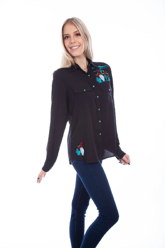 Scully Womens Cactus Embroidered Black 100% Viscose L/S Shirt Elegant Silk Short Shirt Scully Womens Cactus Embroidered Black 100% Viscose L/S Shirt Elegant Silk Short Shirt