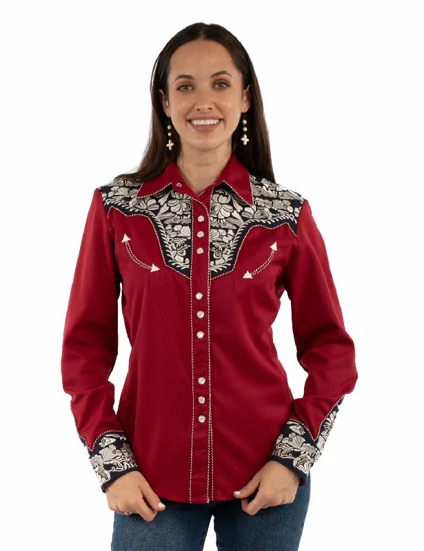 Scully Womens Floral Yoke Embroidery Red/White/Blue Poly/Rayon L/S Shirt Relaxed Cotton Short Blouse Scully Womens Floral Yoke Embroidery Red/White/Blue Poly/Rayon L/S Shirt Relaxed Cotton Short Blouse