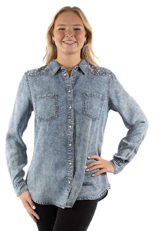 Scully Womens Lightweight Patriotic Blue Lyocell L/S Shirt Casual Slouchy Short Sleeve Scully Womens Lightweight Patriotic Blue Lyocell L/S Shirt Casual Slouchy Short Sleeve
