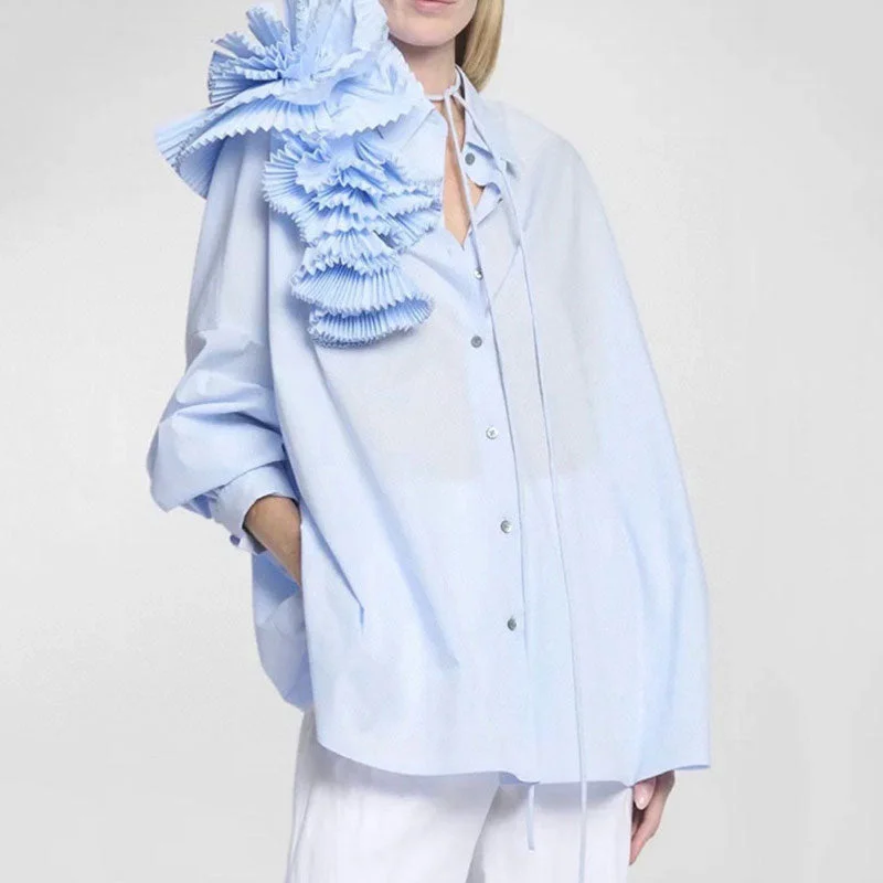 Sculptural Pleated Petal Pointed Collar Long Sleeve Button Down Oversized Shirt Trendy Turtleneck Short Shirt Sculptural Pleated Petal Pointed Collar Long Sleeve Button Down Oversized Shirt Trendy Turtleneck Short Shirt