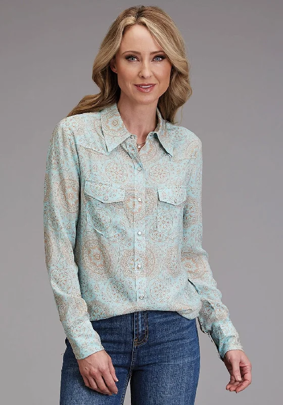 Stetson Womens 1986 Mandala Print Aqua 100% Rayon L/S Shirt Trendy Turtleneck Short Shirt Stetson Womens 1986 Mandala Print Aqua 100% Rayon L/S Shirt Trendy Turtleneck Short Shirt