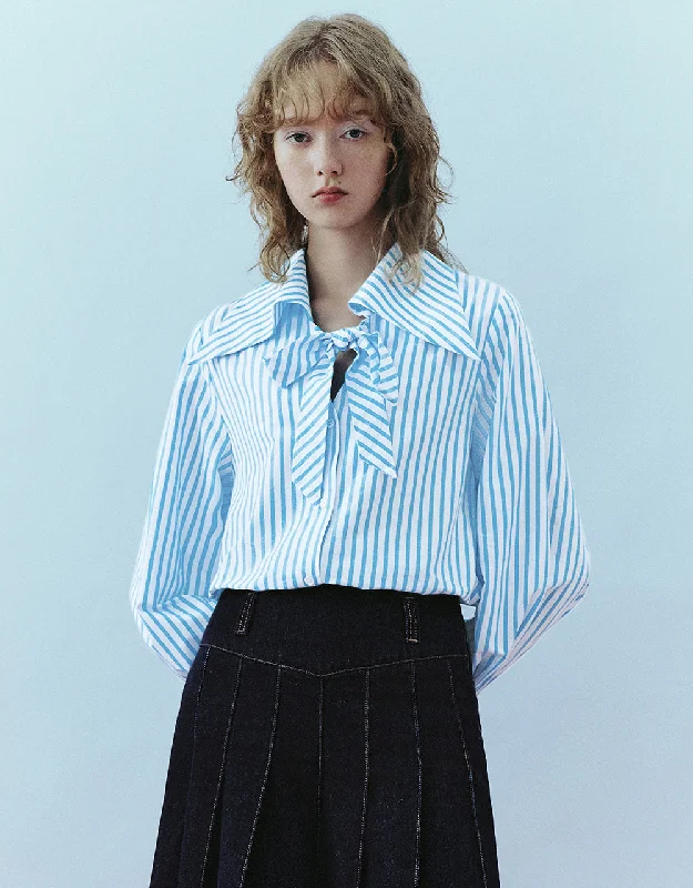 Striped Shirt With Tie Elegant Off-Shoulder Short Shirt