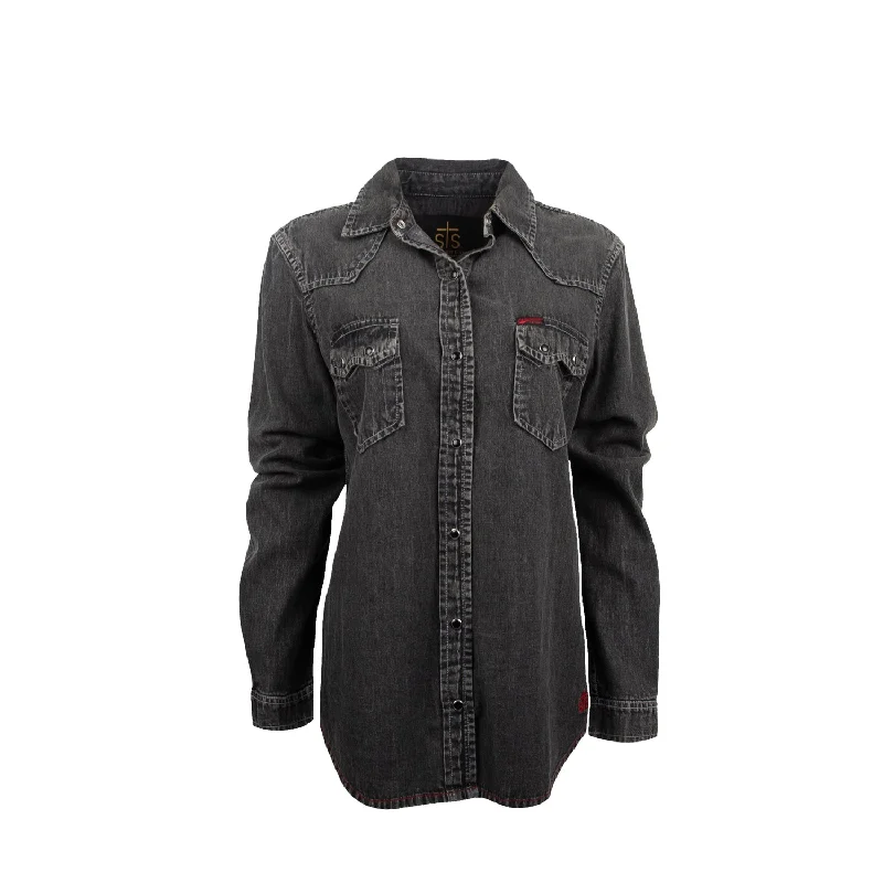 STS Ranchwear Womens Jhett Black Denim 100% Cotton L/S Shirt Fashionable Sheer Short Shirt STS Ranchwear Womens Jhett Black Denim 100% Cotton L/S Shirt Fashionable Sheer Short Shirt