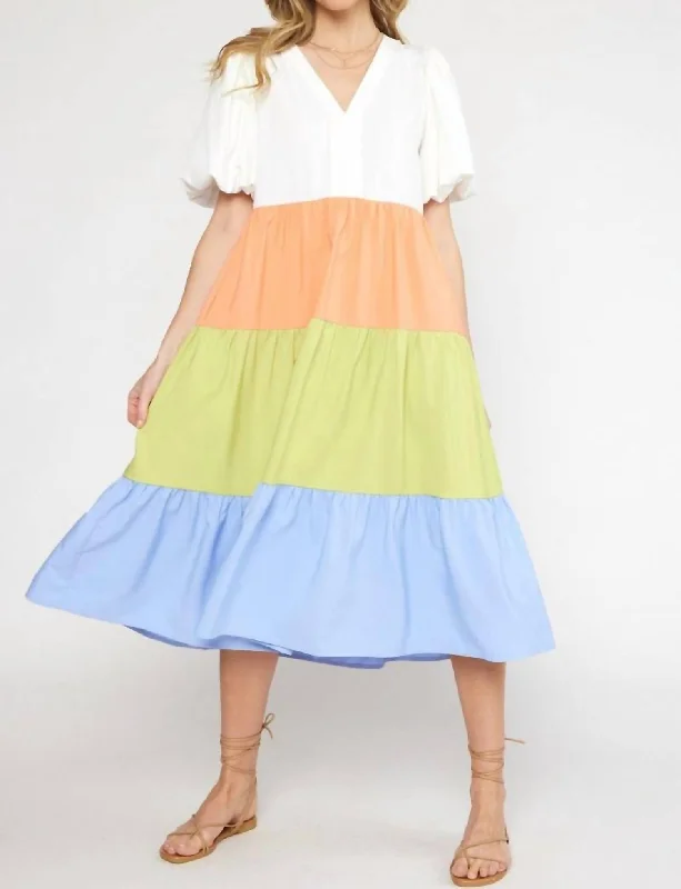 The Encanto Tiered Color Block Midi Dress In Off White Combo Cozy Wide Strap Midi Dress The Encanto Tiered Color Block Midi Dress In Off White Combo Cozy Wide Strap Midi Dress
