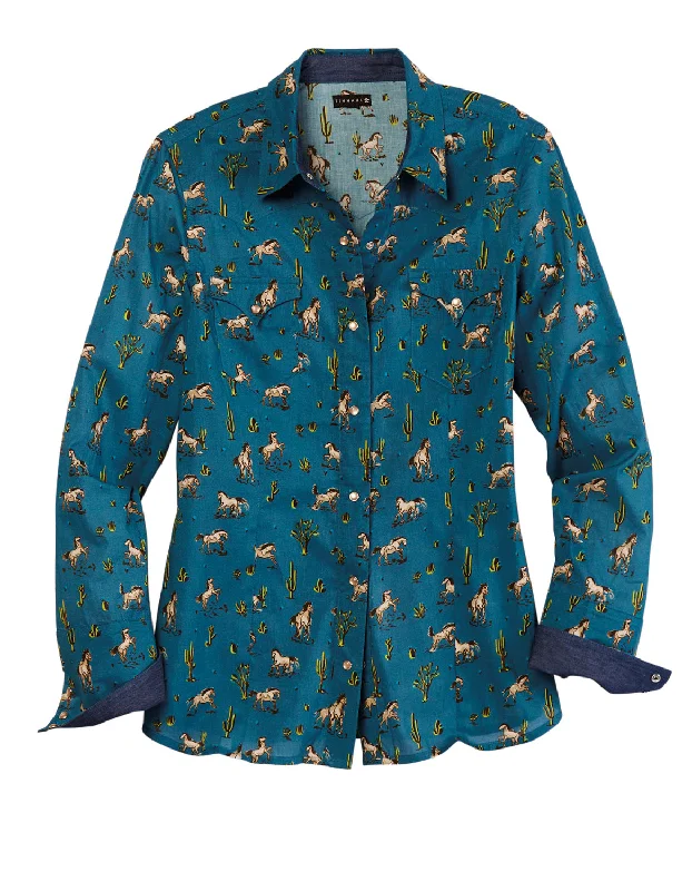 Tin Haul Womens Kickin Up Dust Blue 100% Cotton L/S Shirt Stylish Split-Hem Short Shirt Tin Haul Womens Kickin Up Dust Blue 100% Cotton L/S Shirt Stylish Split-Hem Short Shirt