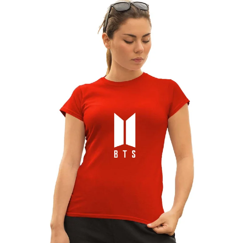 WOMENS BTS -2 PRINTED TSHIRT - RED Cozy Plain Short Sleeve