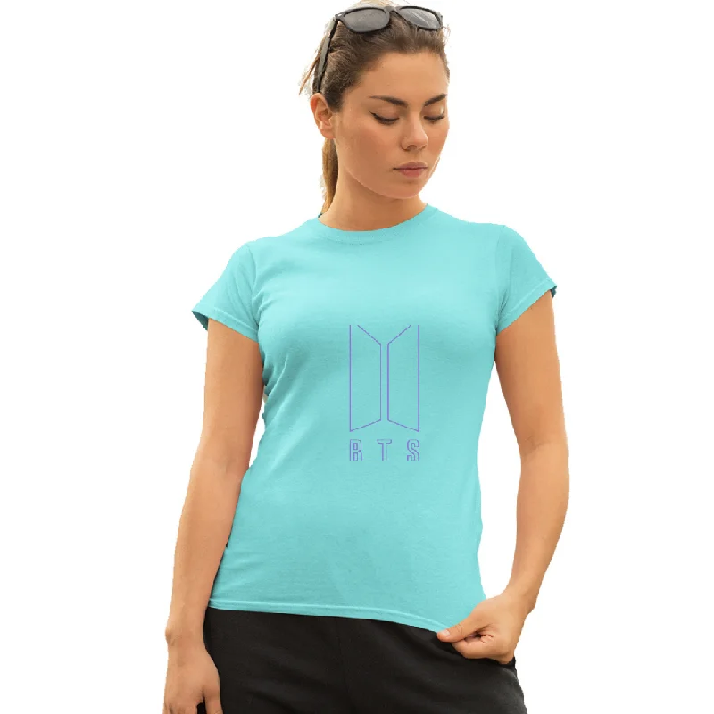 WOMENS BTS -3 PRINTED TSHIRT - AQUA Trendy Button-Front Short Sleeve