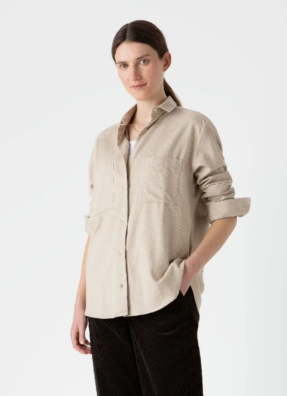 Women's Oversized Flannel Shirt in Oatmeal Melange Stylish Pleated Short Sleeve