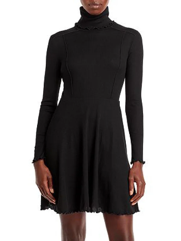 Womens Turtleneck Textured Mini Dress Trendy Mesh Mini Dress