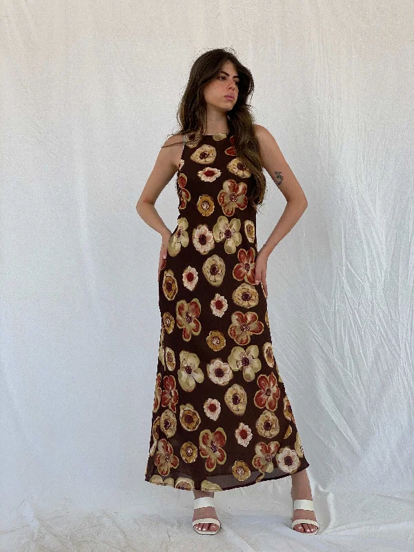 Vintage 90s PJLA Floral Brown Bodycon Sleeveless Maxi Dress - M Elegant Pleated Maxi Dress Vintage 90s PJLA Floral Brown Bodycon Sleeveless Maxi Dress - M Elegant Pleated Maxi Dress