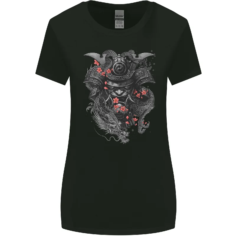 A Samurai Head with Dragons Warrior MMA Womens Wider Cut T-Shirt Satin Fabric Silk Fabric Chiffon Fabric