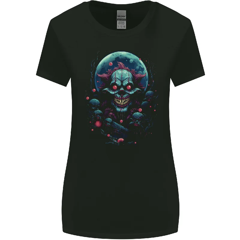 A Scary Clown in Front of a Full Moon Halloween Womens Wider Cut T-Shirt Layered Multi-layer Single Layer