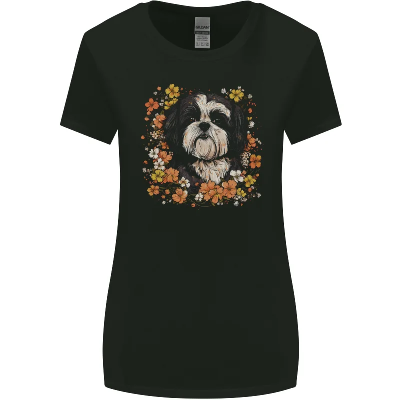 A Shih Tzu Dog Surrounded by Flowers Womens Wider Cut T-Shirt Ribbed T-Shirt High Neck Heavyweight