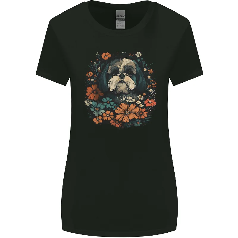 A Shih Tzu Dog With Flowers Womens Wider Cut T-Shirt Solid Color Striped Floral