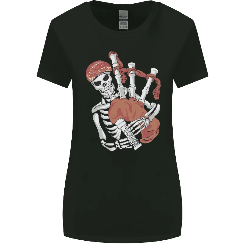 A Skeleton Playing the Bagpipes Womens Wider Cut T-Shirt Sequined Glittery Shiny