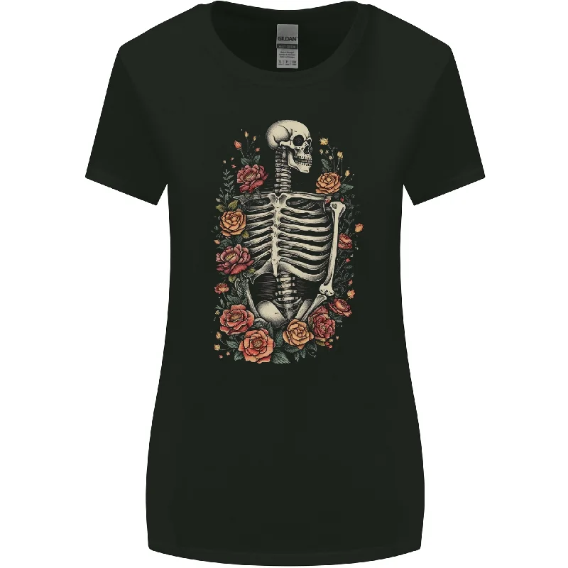 A Skeleton With Flowers Skull Womens Wider Cut T-Shirt Striped Floral Plaid